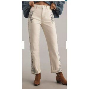 Pilcro Slim Slouch MidRise Straight-Leg Jeans Size 31 White Blue Embroidery